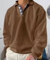 Polo sweat-shirt homme à col V, coupe ample, à carreaux et patchwork, manches longues, collection automne, best-seller