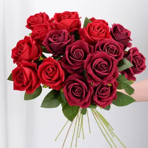 Atacado de rosa vermelha de veludo artificial, flor para casamento e decoração de casa, rosas falsas
