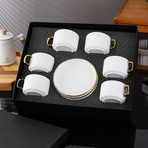 Modern 250ml Gold Handle Ceramic Tea <b>Cup</b> and <b>Saucer</b> Set White Striped Coffee <b>Cup</b> Set of 6 - Product Image 1