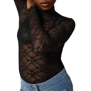 Blusa de Mujer de Manga Larga con Encaje Floral, Cuello Alto, Bordado Transparente, Ajustada, Sexy, Transparente, Estilo Vintage - Product Image 6