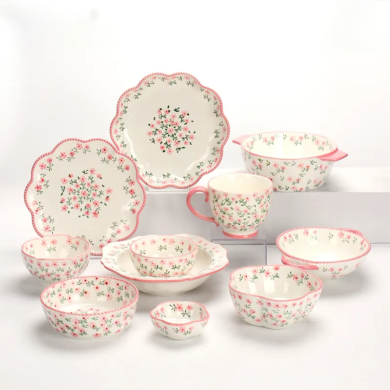 Piatto da portata in ceramica rosa piatto da portata ciotola da minestra tazza ristoranti piatti in ceramica Set di stoviglie per la casa