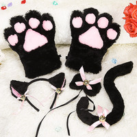 Ensemble d'accessoires de déguisement de chat Bandeau de chat Gants de queue de nœud papillon pour adulte et enfant Cosplay Halloween Dress up