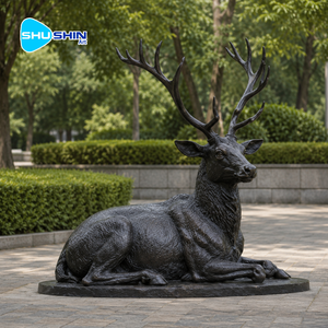 Sculpture de cerf couché en bronze antique, statue réaliste grandeur nature d'un fauve couché, ornement animalier pour jardin extérieur - Product Image 5