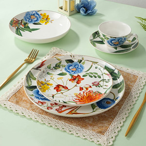 Набор из 20/24 предметов: оптовая продажа, цветные тарелки с золотым ободком из нового костяного фарфора, керамический столовый сервиз, набор чашек - Product Image 4