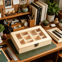 Boîte en bois avec couvercle en verre, 9 compartiments, coffre à thé en pin brut, organisateur de bijoux en bois non fini, vitrine décorative à couvercle articulé