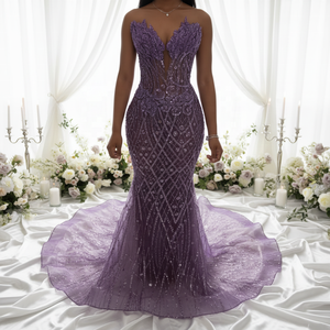 Abito da ballo personalizzato con strass lucidi e paillettes, decorazioni floreali 3D, abito lungo da sera Aso Ebi senza maniche, abito formale da sera per feste - Product Image 1