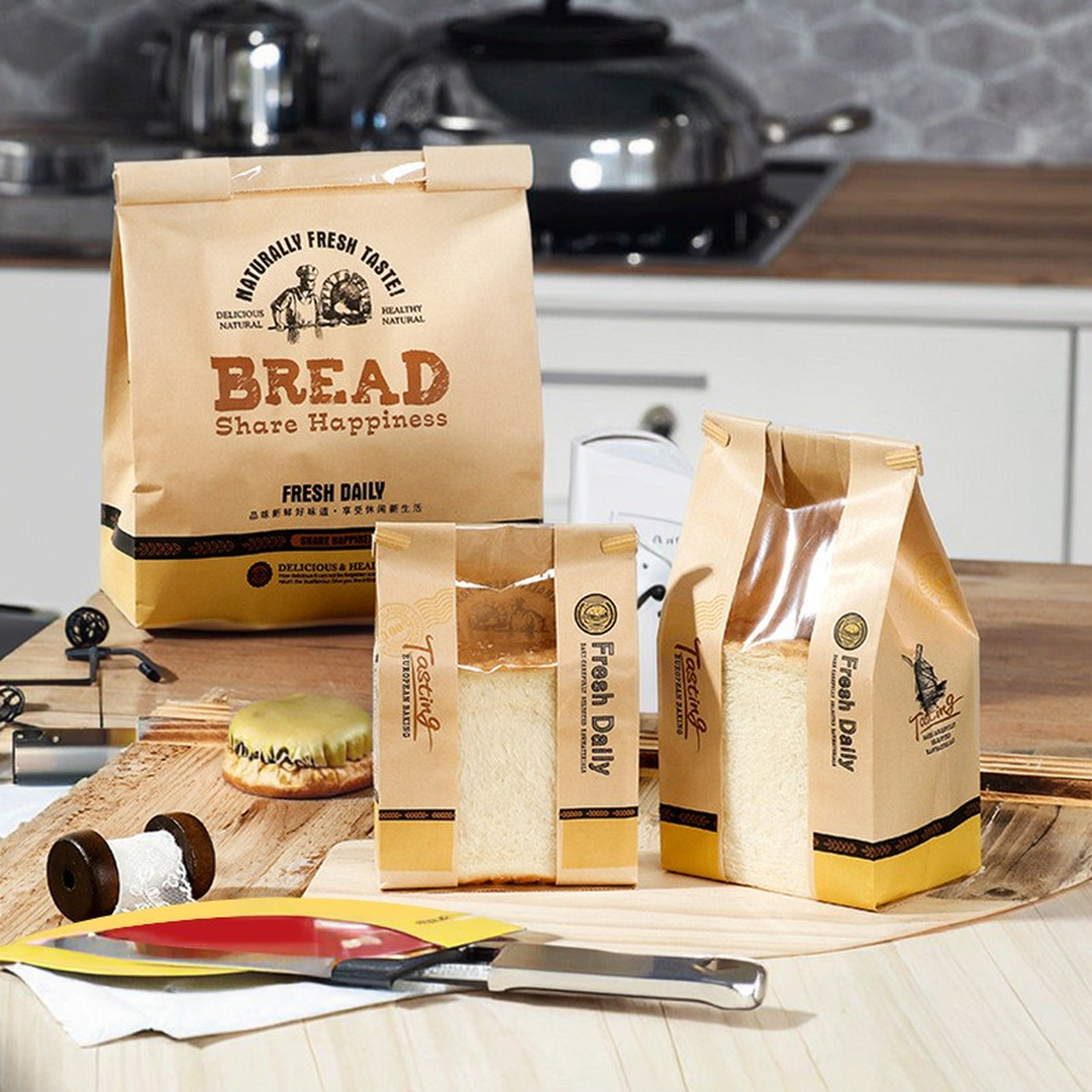 European Style Eco-Friendly Kraft Paper Self-Sealing Bread Bags Transparent Window for Sliced Toast Dessert Packaging Wholesale