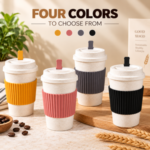 Tasse à café réutilisable en paille de blé, gobelet de voyage portable avec couvercle et manchon antidérapant pour thé au lait, petit-déjeuner, bureau, étudiant, extérieur - Product Image 3