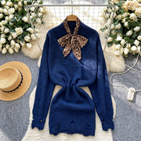 Robe pull élégante en maille marron pour femme, imprimé léopard, nœud papillon, col en V, manches longues déchirées, décontractée, pour l'automne