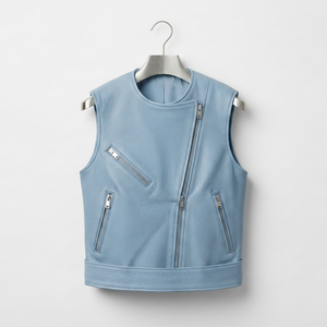 Gilet de moto rétro en cuir véritable bleu clair avec logo personnalisé pour homme, sans manches, fermeture éclair sur le devant - Product Image 1