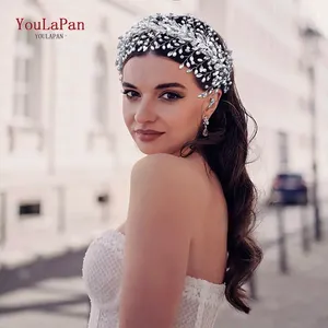 YouLaPan HP322 Classic Pearl Rhinestone Crisscross Headband Wedding Hair Jewelry Alloy Leaf Silver Gold Bridal Headwear