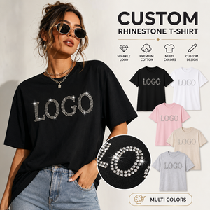 Camiseta personalizada con pedrería para mujer, logotipo brillante, algodón premium, ropa casual de calle, varios colores, OEM, ODM, camiseta de moda con diamantes. - Product Image 1