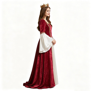 Abito Medievale da <span class=keywords><strong>Principessa</strong></span> in Velluto Bordeaux con Copertura Totale, Maniche Lunghe a Campana, Lunghezza al Pavimento, Stile Rinascimentale Reale, per <span class=keywords><strong>Film</strong></span> e TV - Product Image 1