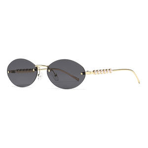 Nuevas gafas de sol sin montura de estilo europeo americano con adornos de perlas, protección UV400 para mujer, montura metálica, lentes negras - Product Image 2