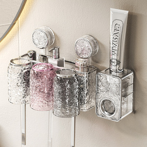 Suction Cup <b>Toothbrush</b> <b>Holder</b> <b>Wall</b> <b>Mounted</b> Transparent 4 Cup With Toothpaste Storage Bathroom Organizer No Drill Required - Product Image 3