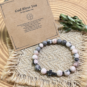Braccialetto con Perline in Pietra Naturale e Croce, con Biglietto di Benedizione per Battesimo, Regalo Cristiano Religioso Ispirazionale per Donne - Product Image 1