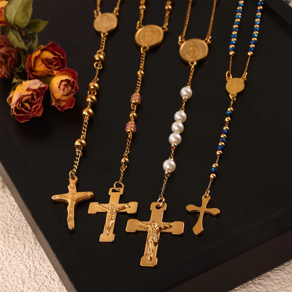 Non Tarnish Gold Plated Stainless Steel Virgin Mary Crucifix Rosary Necklace Rosario Lady De Guadalupe Christ Gold Rosary