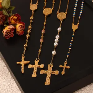 Collar de Rosario con Crucifijo de Virgen María de acero inoxidable chapado en oro sin deslustre Rosario Lady De Guadalupe Cristo Rosario de oro