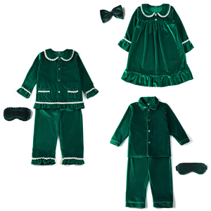 Ensemble de pyjamas en velours <span class=keywords><strong>bleu</strong></span> marine à volants pour Noël, pyjamas pour enfants, pyjamas brodés pour couple, robe de nuit, masque pour les yeux assorti, nœud 2026 - Product Image 3