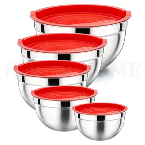 Mix Nested Bowl for Salad Fruits Egg Cream Mixing Stainless Steel Mixing Bowls with Red Lids Set Size 4.6, 3, 1.5, 1, 0.7 QT