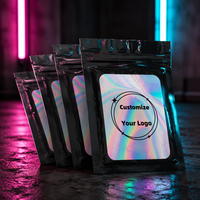 Pochette en PE Mylar noir durable avec logo personnalisé et fenêtre holographique, sac refermable à fermeture éclair pour emballage de détail