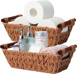 带把手的柳条篮，用于餐具室和浴室储物的防水储物柳条篮，焦糖橙，2包