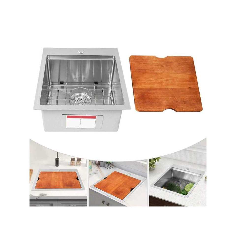 Stainless Steel Kitchen Sink with Faucet Workstation Sink with Cutting Board and Strainer Two-Hole Design