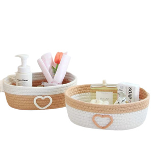 Cotton <b>Rope</b> Woven <b>Storage</b> <b>Basket</b> Round Pink And Off White Heart Shape Desktop Cosmetic Snack Organizer No Lid - Product Image 5