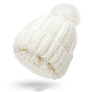Womens Winter Thermal Knitted Faux Fur Pom <b>Beanie</b> Hat <b>Satin</b> <b>Lined</b> Hair Protection Hat - Product Image 5