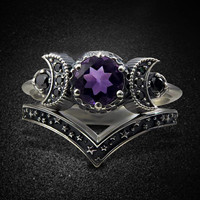 Hécate Triple Lune Anneau Ensemble Améthyste Ou Cristal Rouge Bague De Mariage Unique Lune Déesse Anneaux Pour Femmes Gothique Cadeau