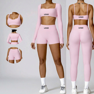 <b>Pink</b> 2 Piece Yoga Set Square Neck <b>Crop</b> <b>Top</b> High Waist Shorts Seamless Spandex Polyester Activewear Women Workout Fitness Wear - Product Image 3