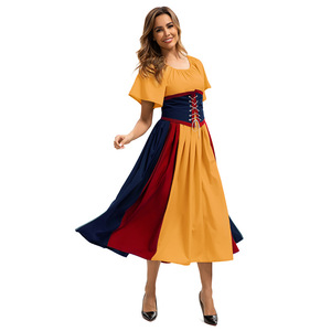 European Medieval Color-Blocked <b>Patchwork</b> Dress With Belted Waist Full <b>Skirt</b> A-Line Scoop Neck Prom Dress Sizes S-3XL - Product Image 3