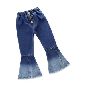 2023 filles jeans pantalons enfants bleu marine évasé cloche bas avec bouton enfants décontracté denim pantalon bébé enfants pantalons longs