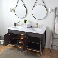 Meuble-lavabo de salle de bain moderne à double vasque de 60 pouces, en bois massif brun foncé + MDF, écologique et durable, sur pied