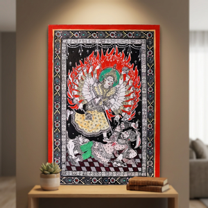 Pintura Artesanal Pattachitra de la Diosa Durga, Arte de Pared Rectangular de Papel Tradicional Indio, Decoración del Hogar - Product Image 3