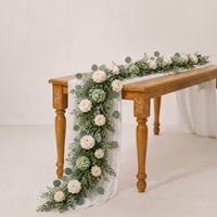 Rangkaian Bunga Sutra Buatan Tangan untuk Meja, Mawar Putih, Hydrangea, Eucalyptus, Dekorasi Pernikahan dan Pesta