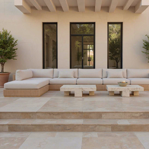 Ensemble de meubles de patio extérieur, canapé modulaire en teck et marbre avec tables basses, meubles de jardin, résistant aux intempéries, certifié CE - Product Image 1