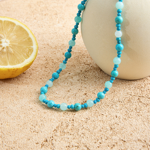 J&amp;D Holiday Style 18k Gold Stainless Steel Casual Classic Natural Stone <strong>Turquoise</strong> Beaded <strong>Necklace</strong> - Product Image 3
