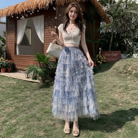 Jupe longue maxi en tulle multicouche à motif dentelle bleue, taille empire, best-seller de l'été, romantique, élégante, amincissante et infroissable
