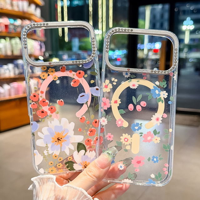 Fresh and Light Flash Shattering Flower Magnetic Phone Case for iPhone 17 16 15 Pro Max Shockproof Protection Cover