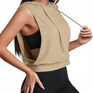 Sudadera corta sin mangas con capucha para mujer, estilo tank top, corte muscular, abertura profunda en el hombro, con cordón, de punto elástico, en blanco para bordado - Product Image 1