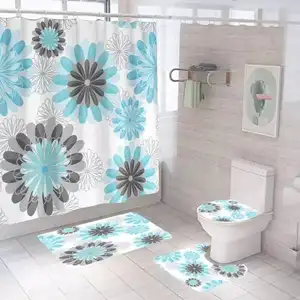 Ready made flower printed waterproof non-slip shower curtain suit for bathroom