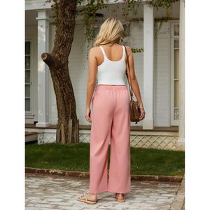 Pantalones de Lino de Cintura Alta para Mujer, Pantalones Palazzo de Pierna Ancha con Bolsillos, Color Rosa, Atuendos Casuales de Playa, Ajuste Cómodo y Transpirable - Product Image 4