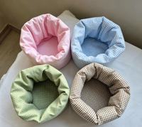 Panier de rangement rond en tissu coton gingham, plissé, pour cosmétiques de bureau, seau de rangement pliable en tissu pour articles divers et maquillage