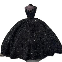 Robe de bal de Quinceañera noire à paillettes, bustier cœur, corset long et volumineux, pour soirée formelle