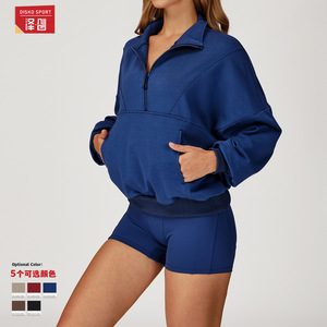 Sudadera con media cremallera azul marino para mujer Zechuang, corte holgado, ropa deportiva para exteriores, cortavientos, cálida, informal, con capucha EWY4509 - Product Image 4