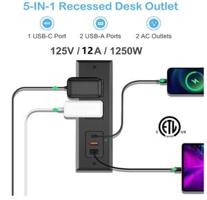 Regleta de Enchufes Empotrable para Escritorio con Carga Rápida PD 20W, Puerto USB C, Puerto USB A, Toma de Corriente Oculta para Muebles con Cable de Extensión - Product Image 6