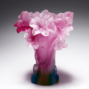 Pink Multicolor Lily Relief Pate De Verre Vase Handcrafted Art Glass Flower Vase For Home Decor And Floral Arrangements - Product Image 4