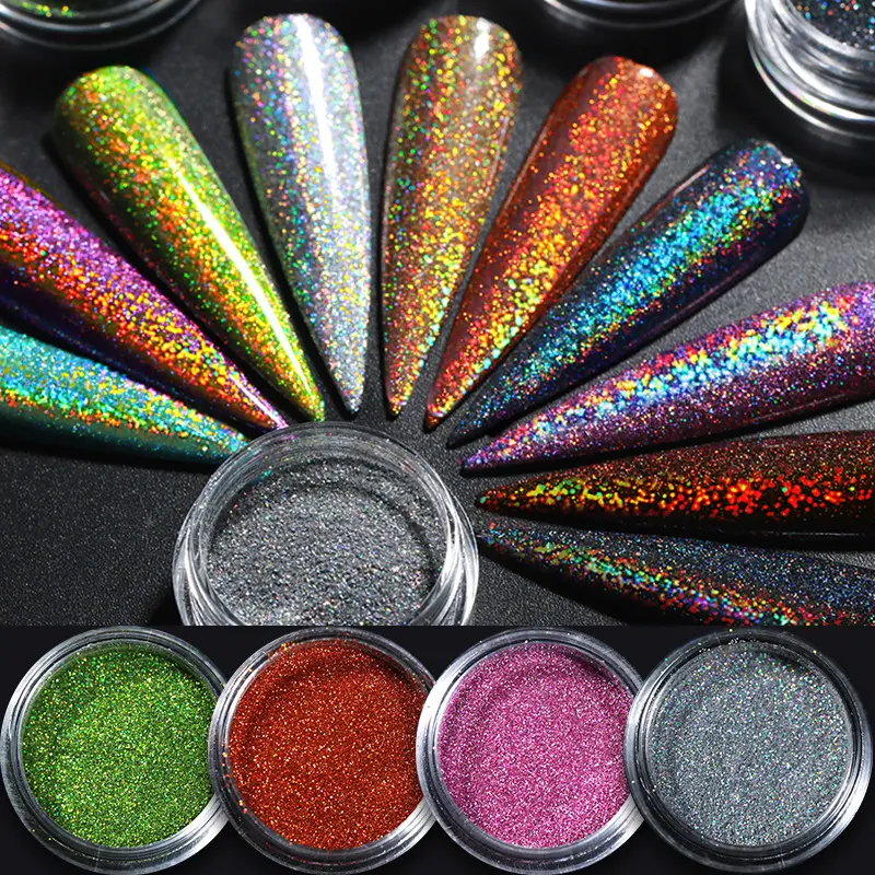 Alta qualidade suprimentos prego Atacado 12 Cores Sólidos Pó Nail Glitter Aurora Espelho Chrome Pigment Holographic Nail Powder