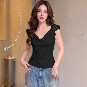 Blouse Y2K à manches courtes en mousseline, crop <span class=keywords><strong>top</strong></span> transparent à découpes au dos, avec volants, coupe ajustée, <span class=keywords><strong>col</strong></span> en V, drapé sur le devant, blanc, pour <span class=keywords><strong>femme</strong></span> - Product Image 4